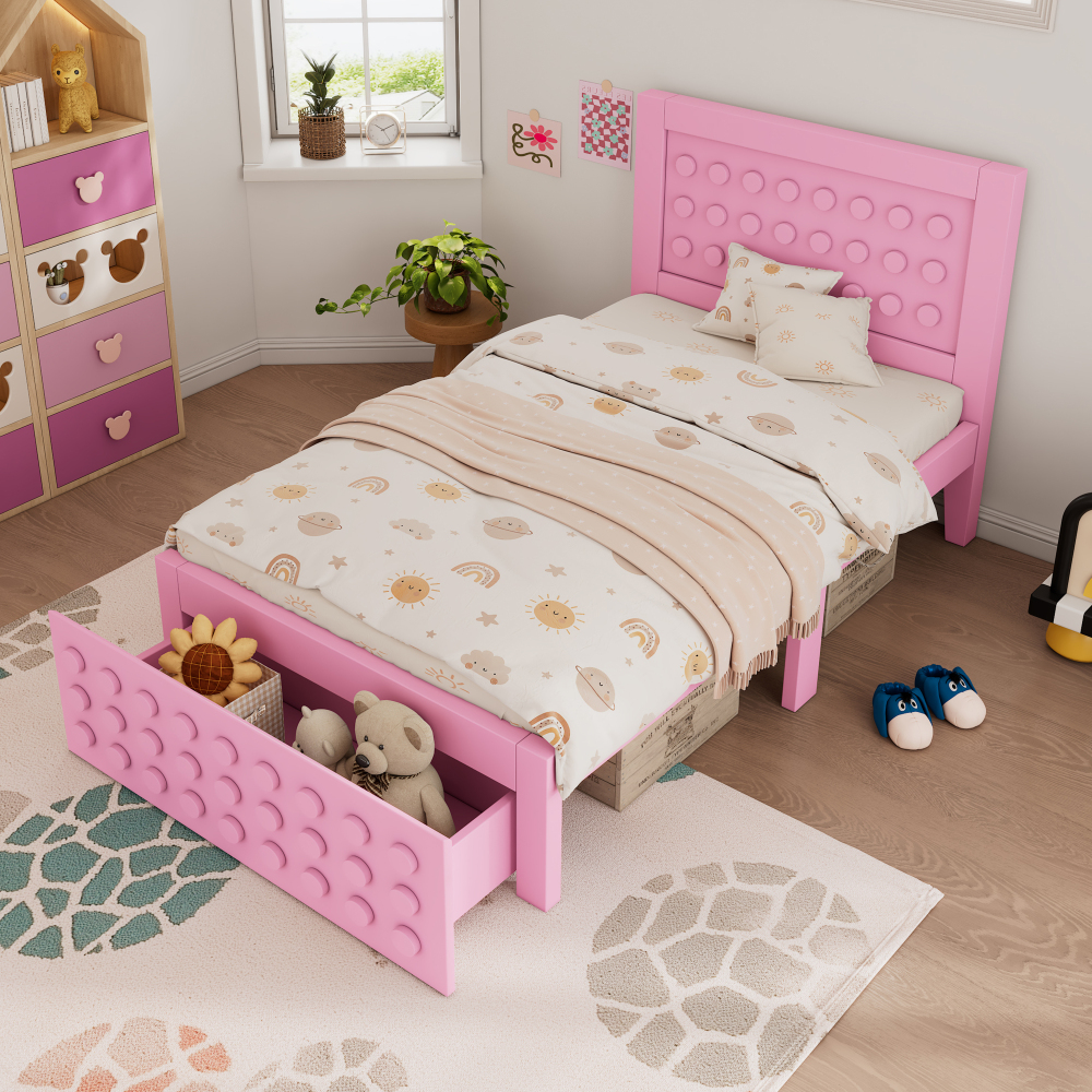 Cama individual 90x200cm com gaveta e arrumação madeira – rosa