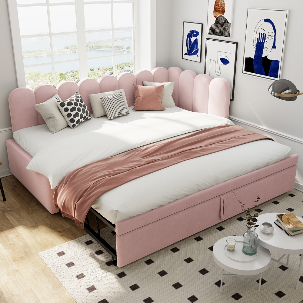 Sofá-cama acolchoado em forma de l, 90/180 x 200 cm, veludo, rosa.