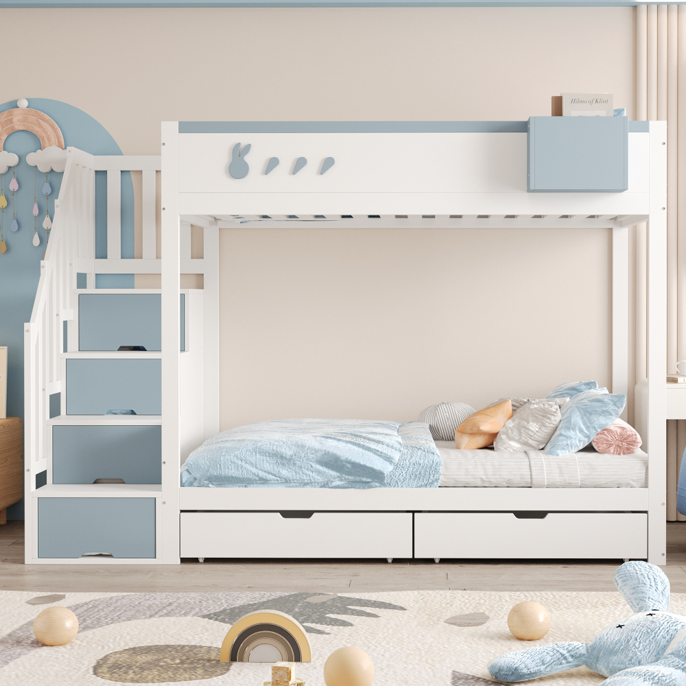 Beliche infantil 90x200cm com arrumação em madeira – branco e azul