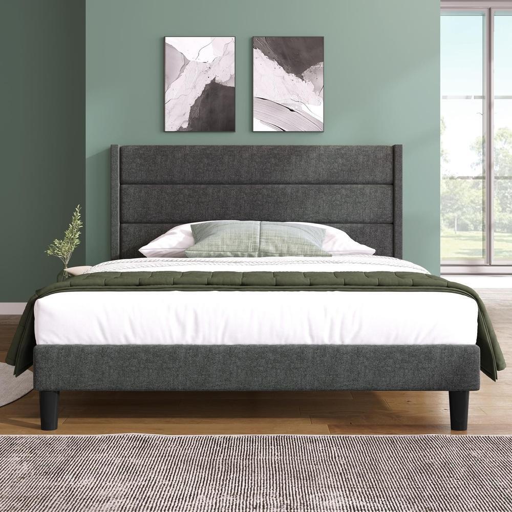 Cama acolchoada 140x200cm cinza escuro, cabeceira 3 painéis, sem boxspring