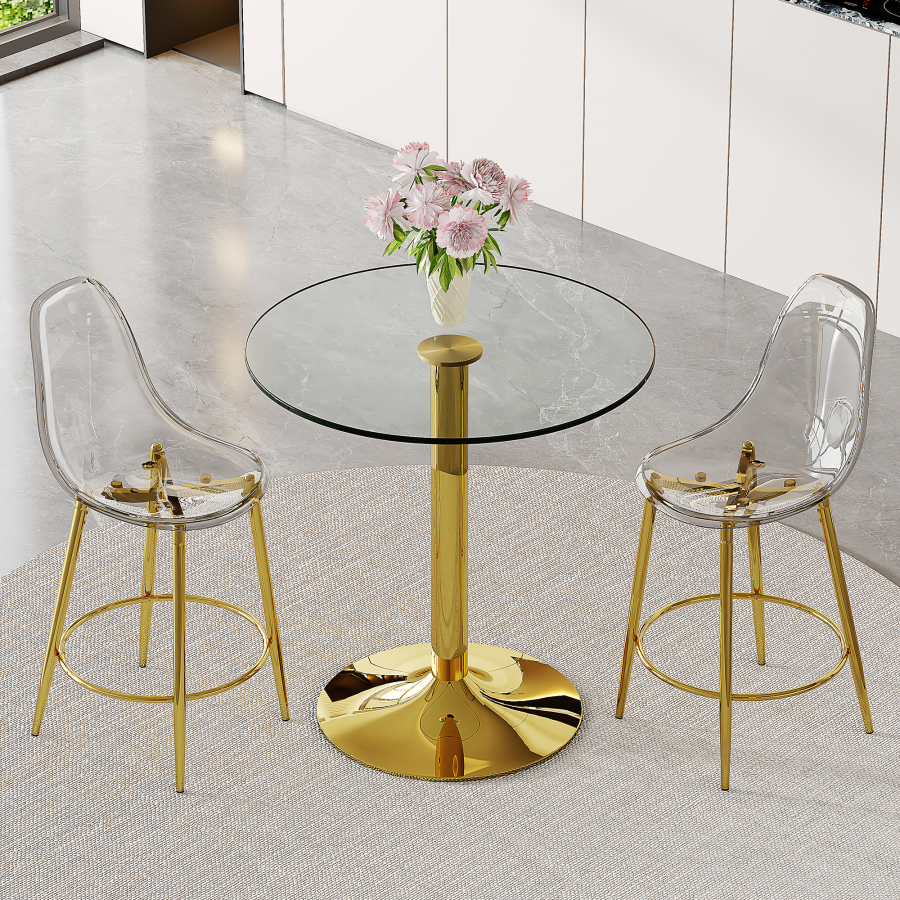 Conjunto de mesa de bar redonda em vidro transparente e 2 bancos dourados