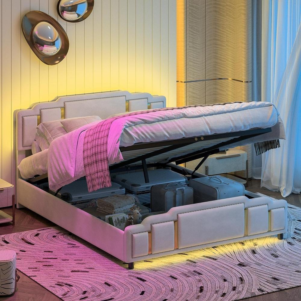 Cama baú 140x200cm veludo com LED rgb e cabeceira dourada