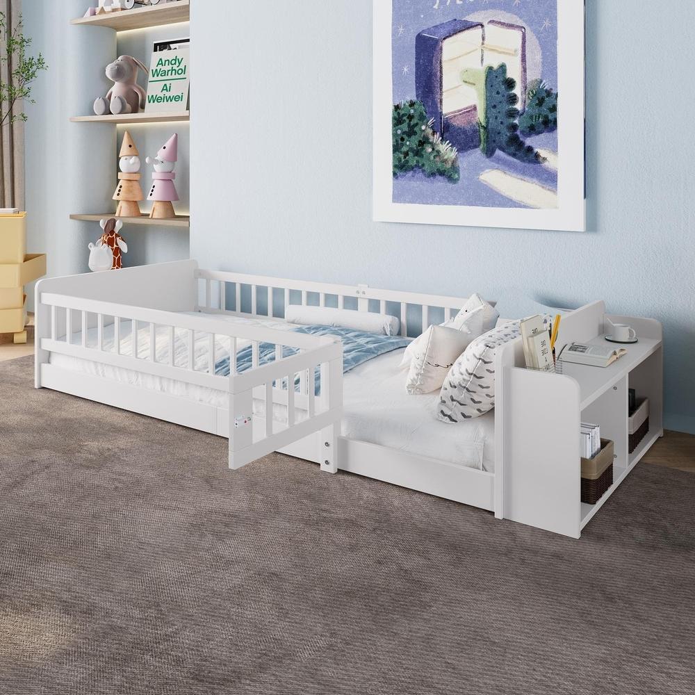 Cama infantil de pinho maciço 90x200cm, arrumação, prateleiras, branco