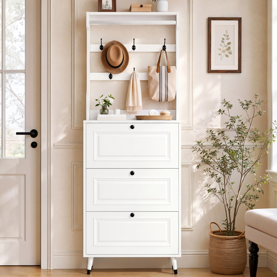 Sapateira de entrada com cabideiro 3 portas branco 180x66x17cm