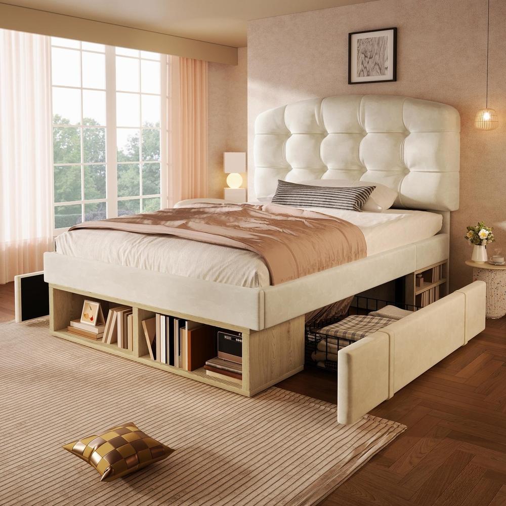 Cama individual 90x200cm com gavetas, cabeceira ajustável, bege