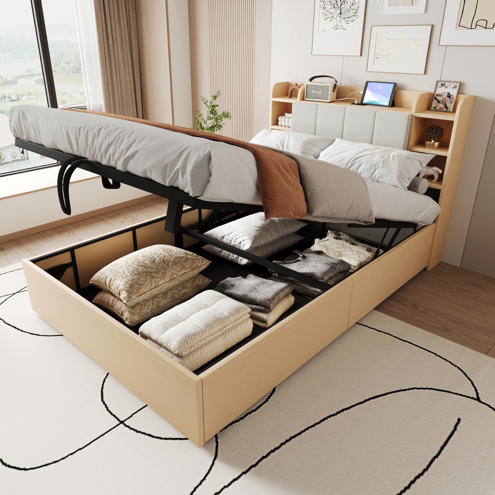 Cama de casal 140x200cm hidráulica com arrumação mdf – madeira natural