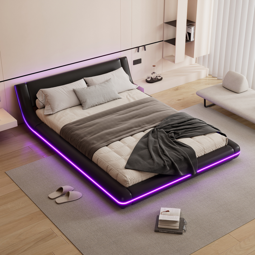 Cama de casal 140x200cm com LED pu – preto