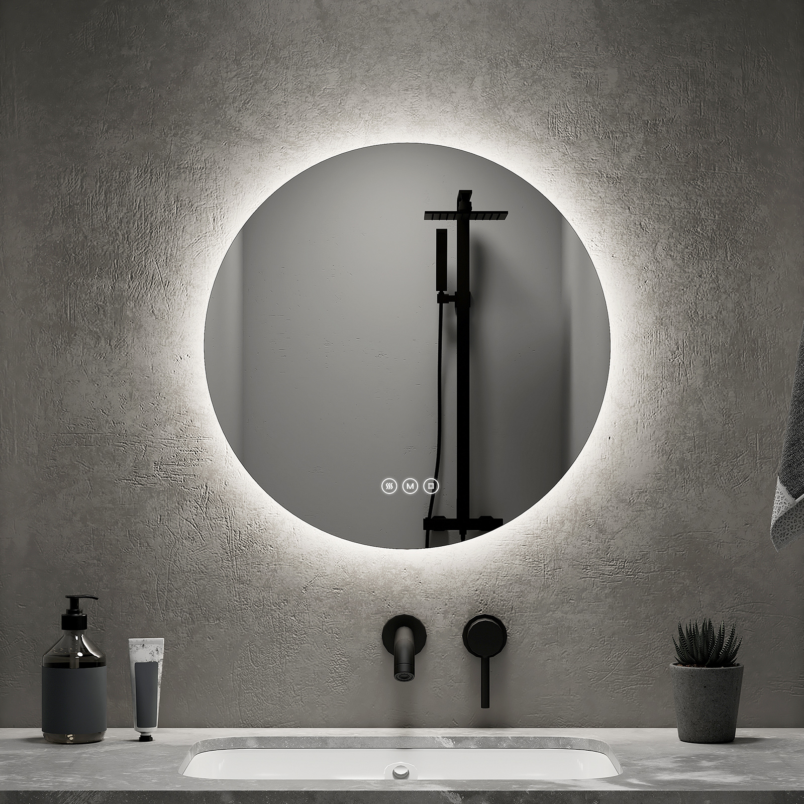 Emke espelho LED redondo 50cm, tátil, antivapor, 3 tons de luz