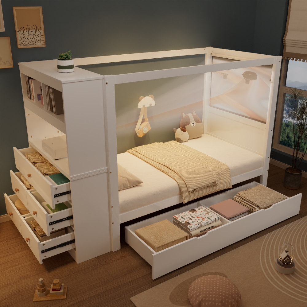 Cama infantil com grade e arrumação 90x200cm madeira – branca