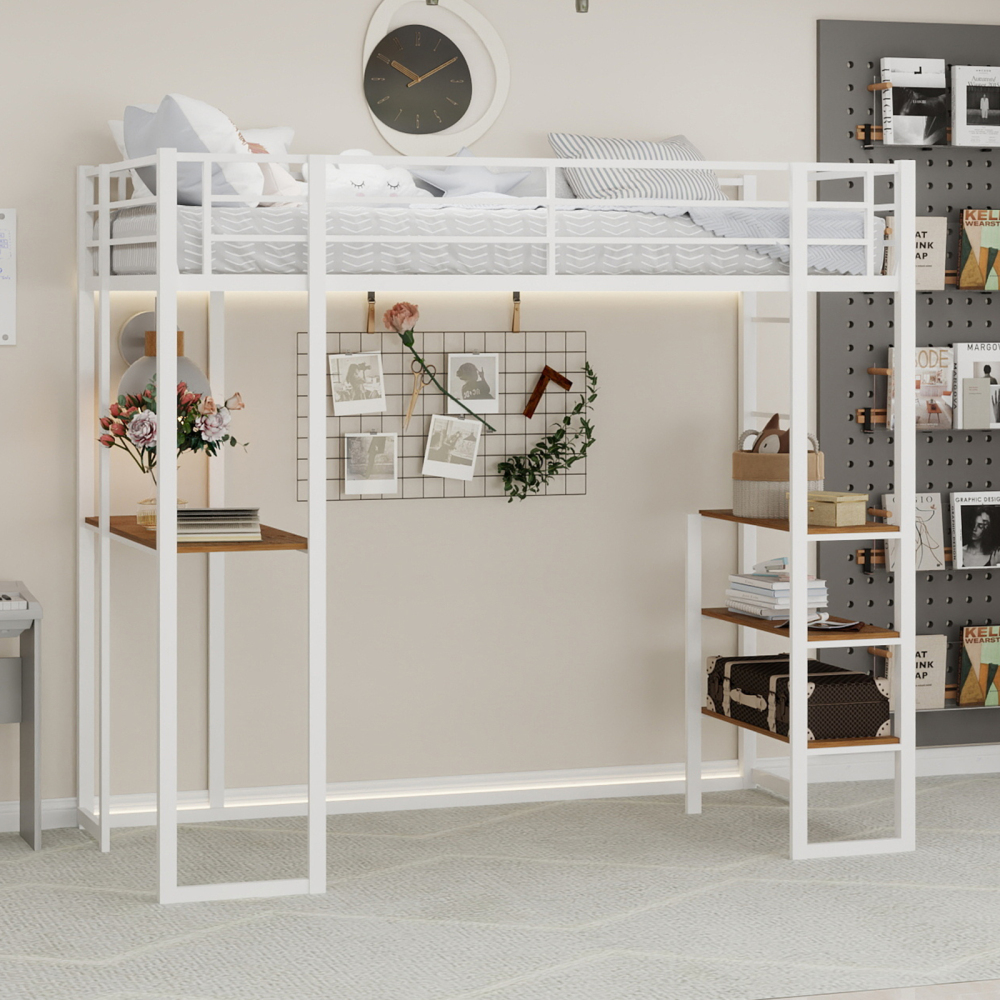 Cama alta 90x190cm com secretária e arrumação ferro – branco