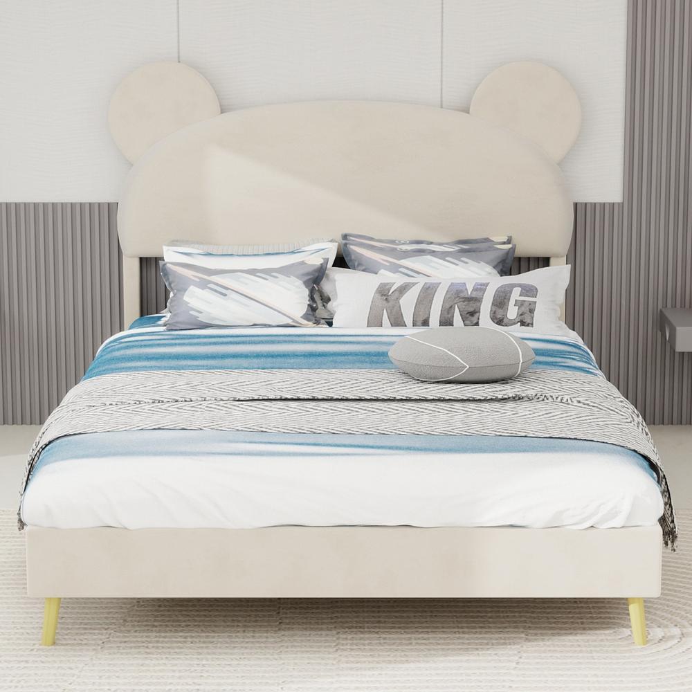 Cama infantil baixa 140x200cm bege com cabeceira orelhas urso