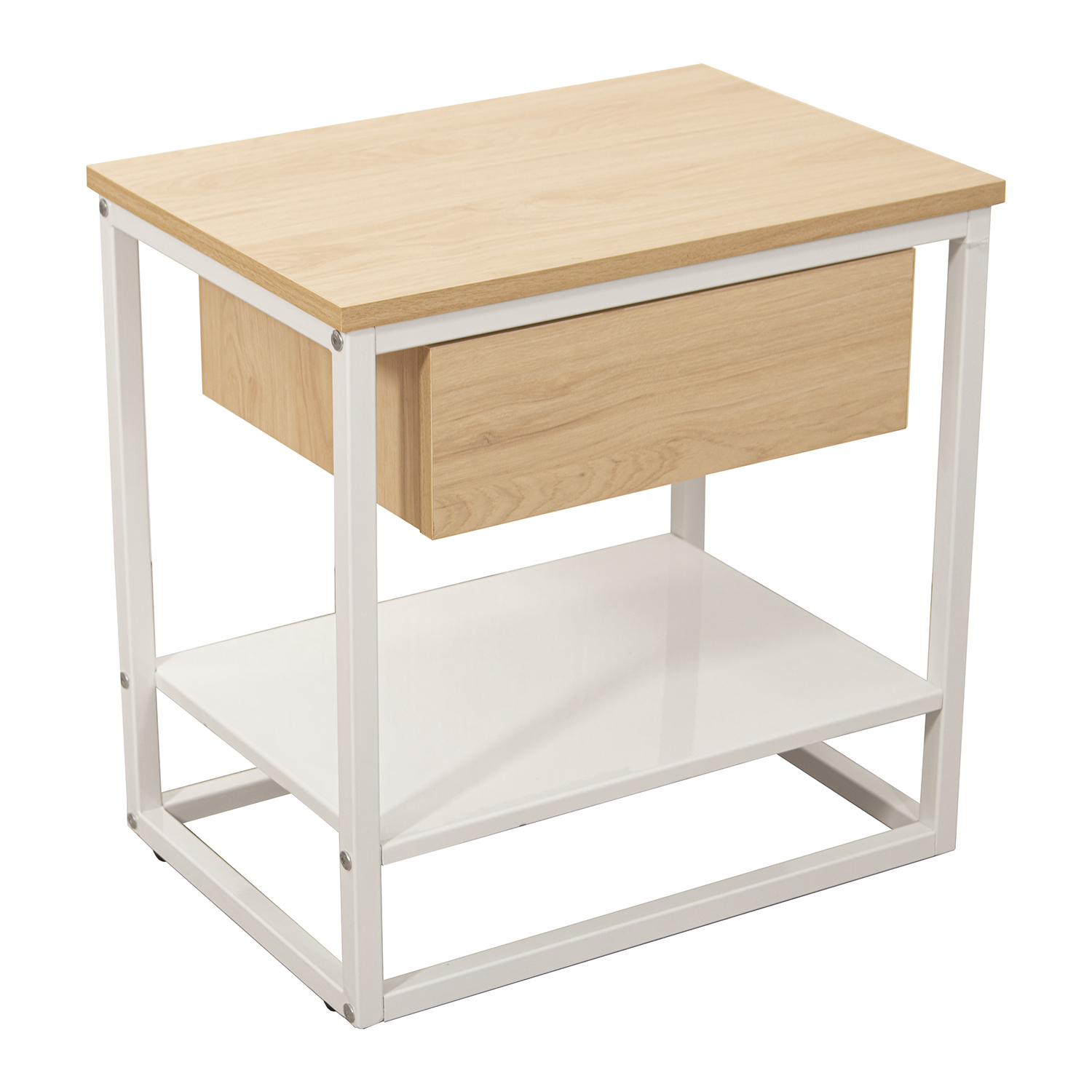 Mesa lateral, metal branco, madeira natural