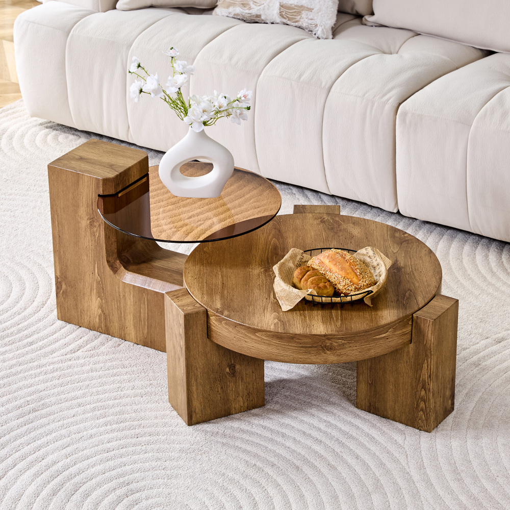 Mesa de centro 2 em 1 redonda mdf e vidro castanho 30x61x61cm