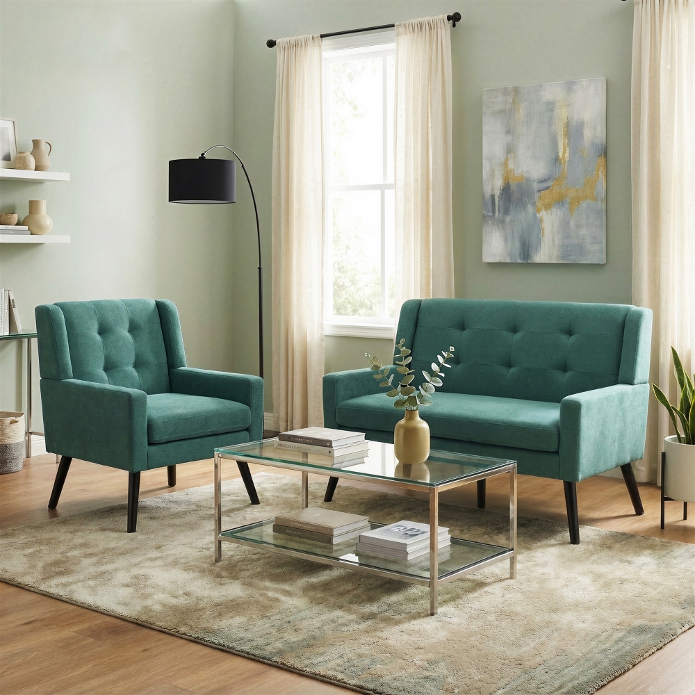 Conjunto de poltronas estofadas verde retro 2 peças com pés em madeira