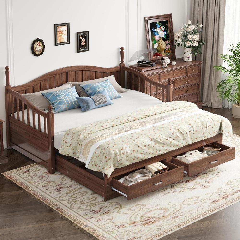 Cama sofá em madeira, gavetas e estrado, 90x190 a 180x190cm, nogueira