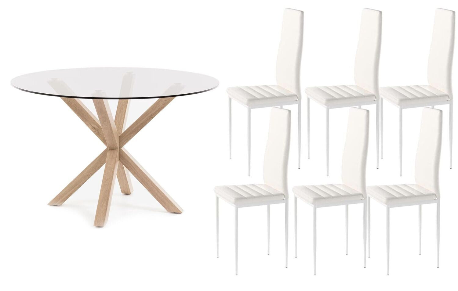 Conjunto mesa redonda em vidro temperado 120cm + 6 cadeiras couro