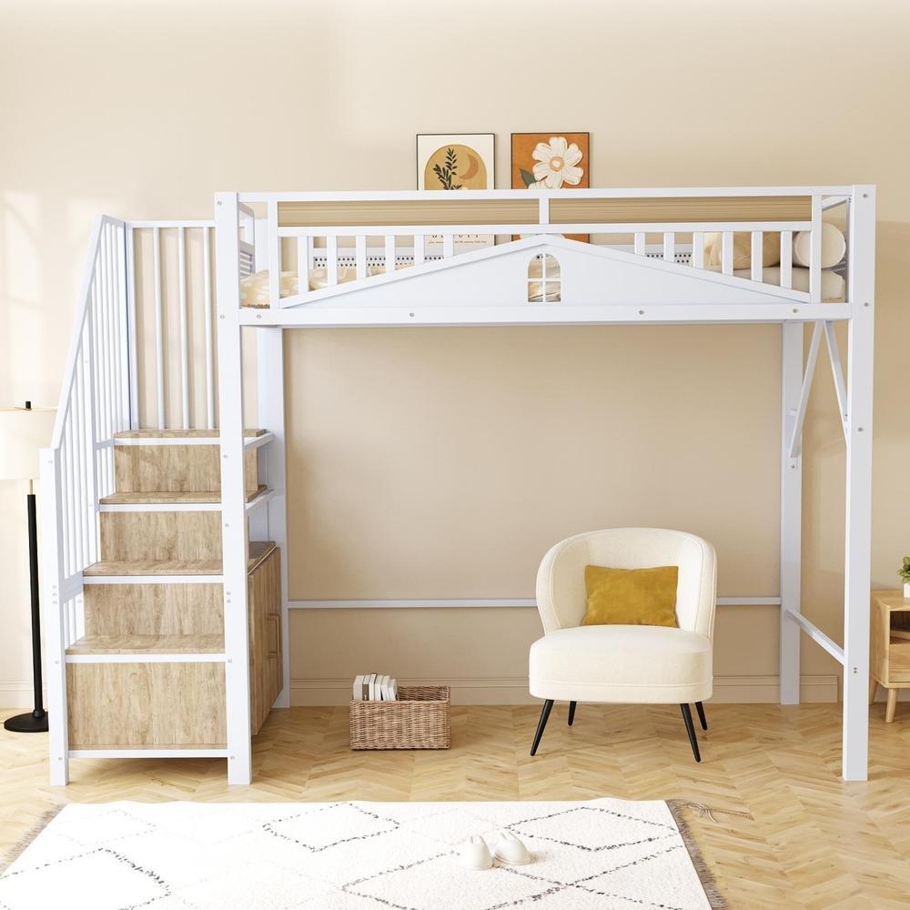 Cama alta 90x200cm em metal com escada, armário e guarda-corpo branco