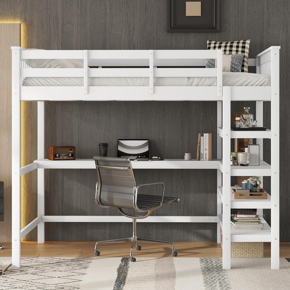 Cama alta 140x200cm com secretária e prateleiras, branco, sem colchão