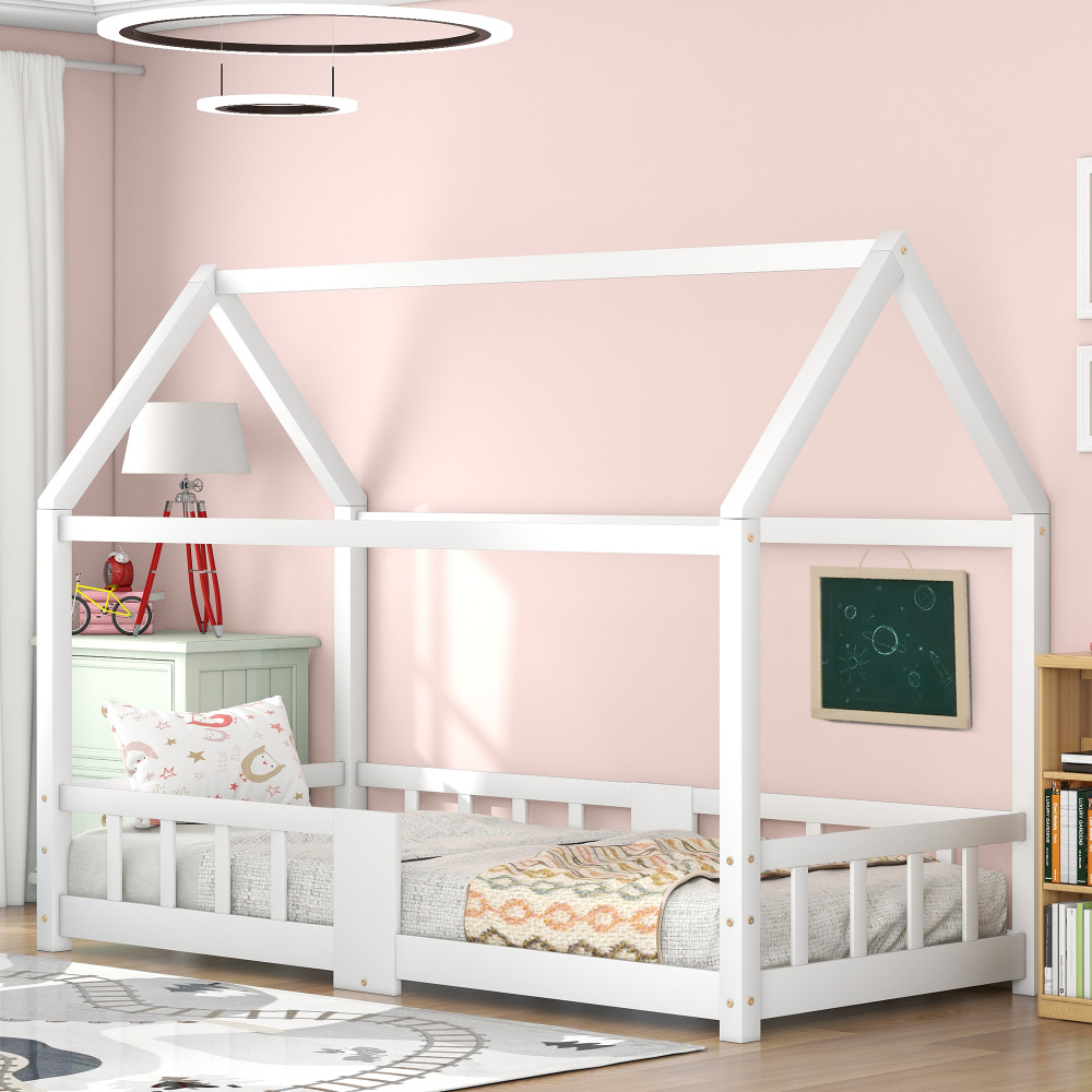 Cama casinha 90x200cm com quadro e grade madeira – branca