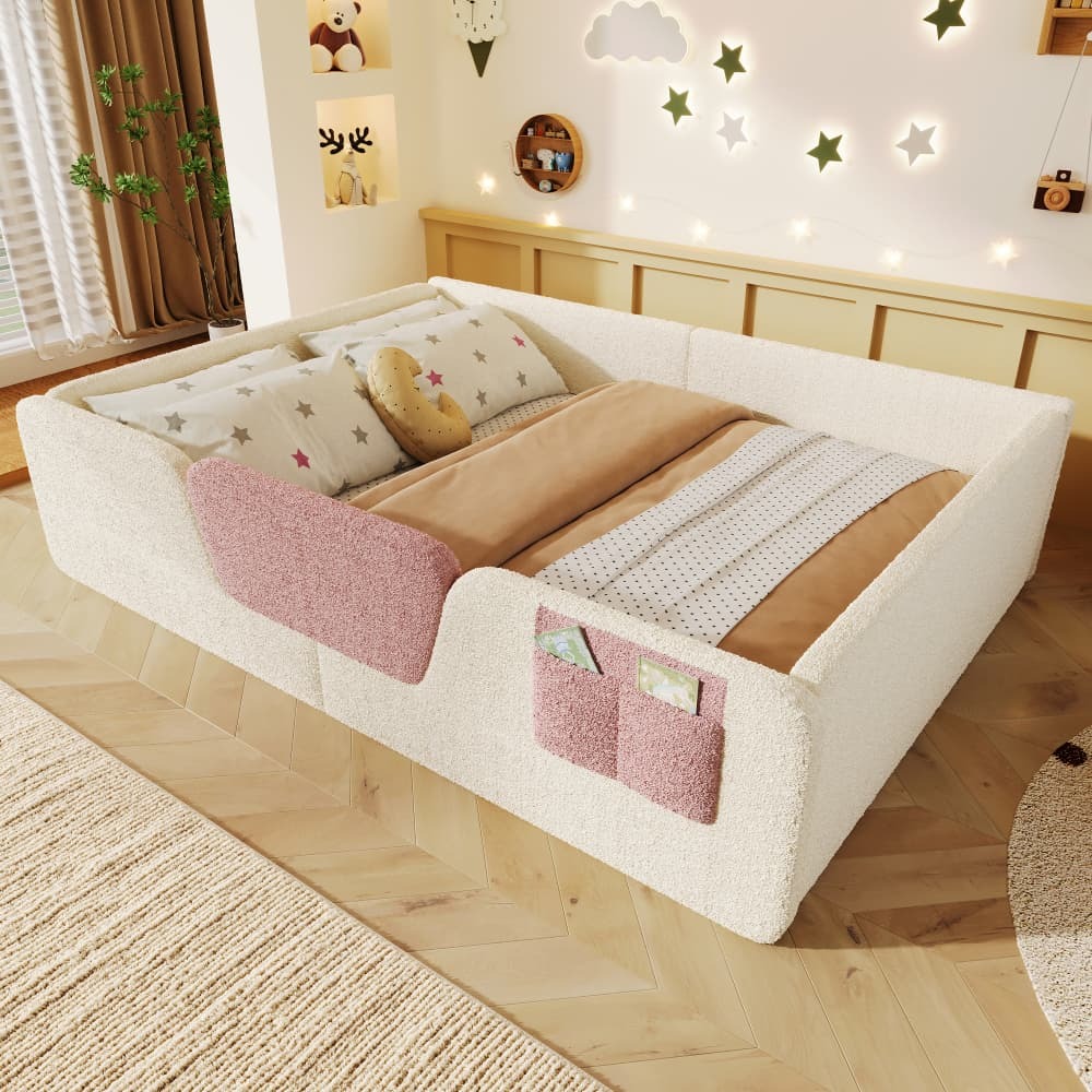 Cama estofada infantil 140x190cm com grelhas removíveis veludo – bege