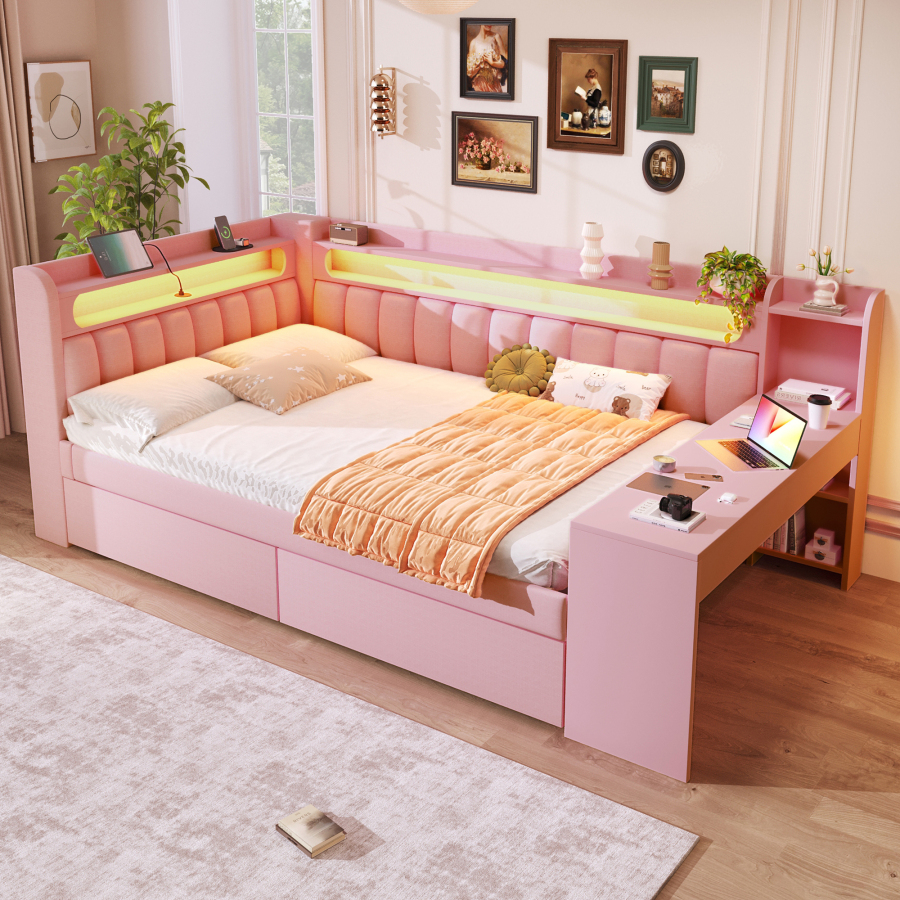 Cama estofada 140x200 cm com mesa de trabalho e arrumação mdf veludo – rosa