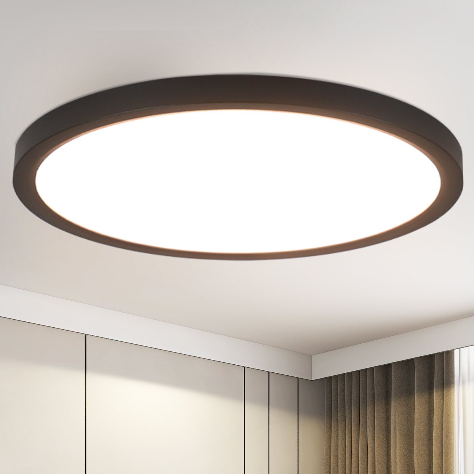 Nettlife flat LED plafon preto 4000k quarto 24w banheiro corredor redondo