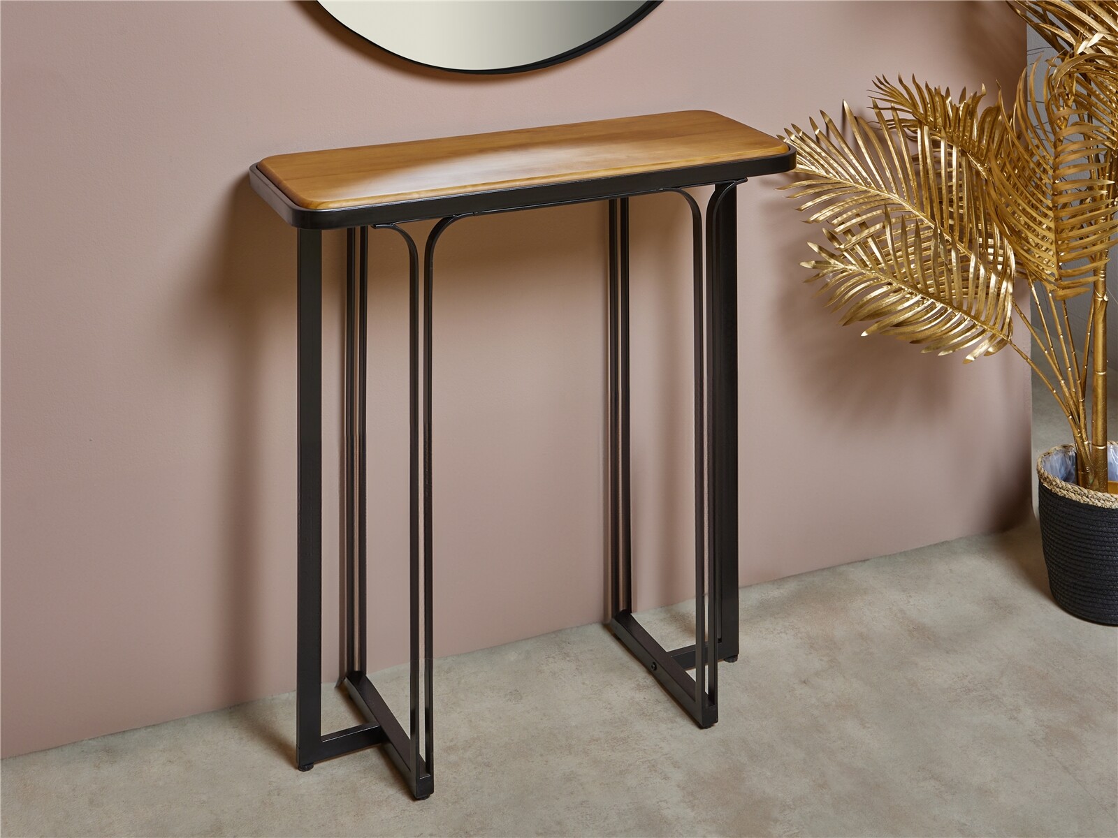 Mesa de consola emere com acabamento imitando madeira, 75x30x78 cm.