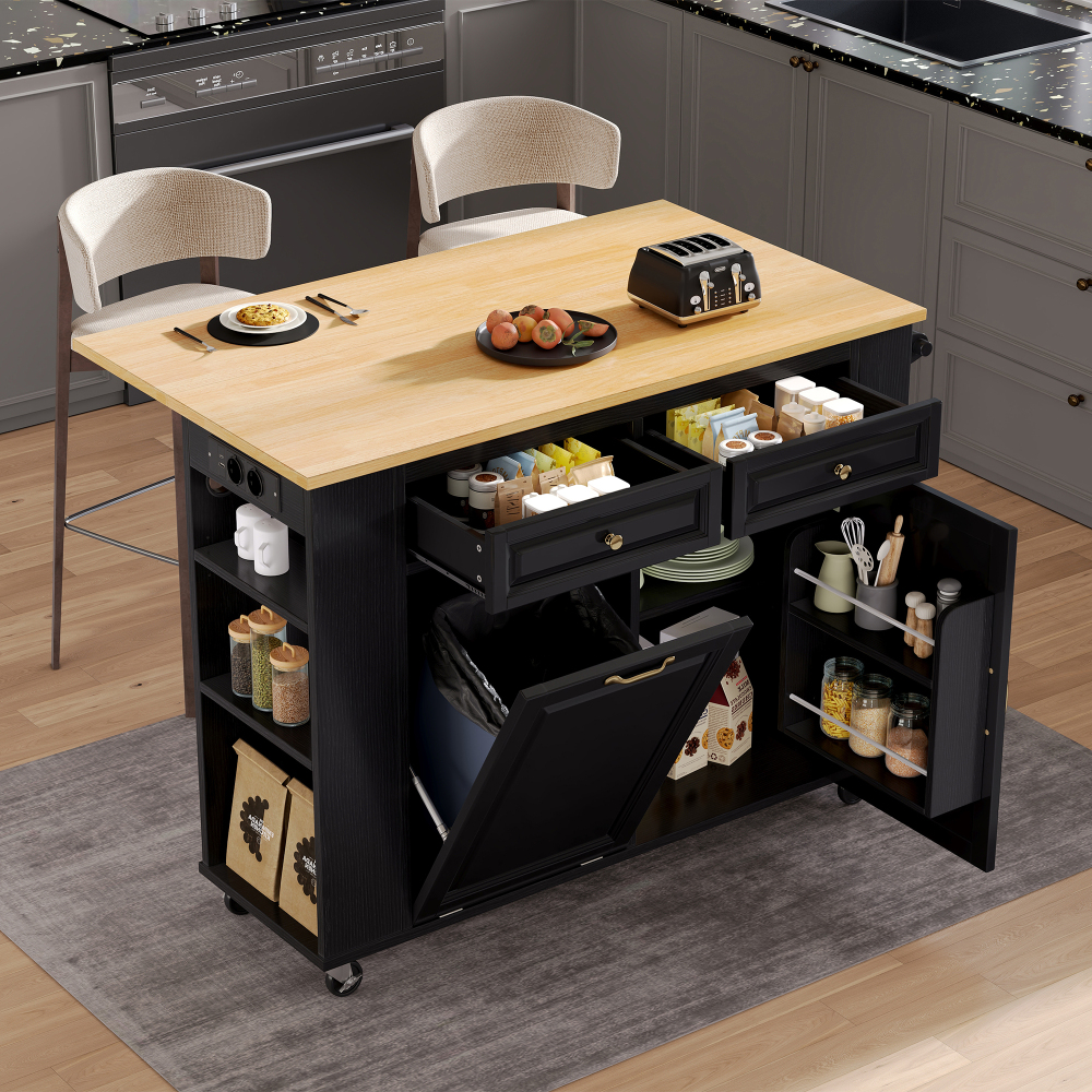 Ilha de cozinha com rodas e tampo extensível em mdf preto e natural