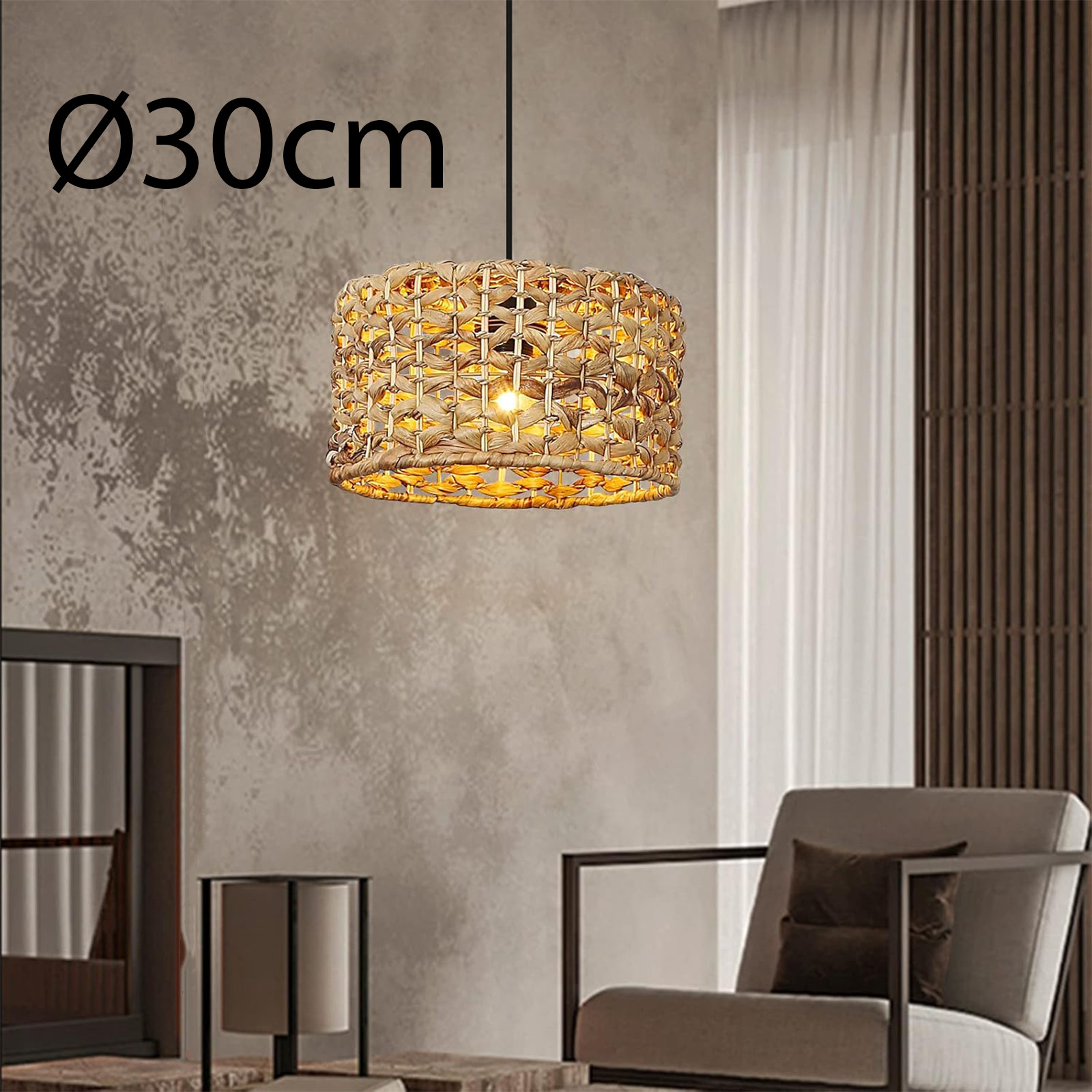 Candeeiro de teto em rattan natural ø30 cm estilo rústico boho,E27