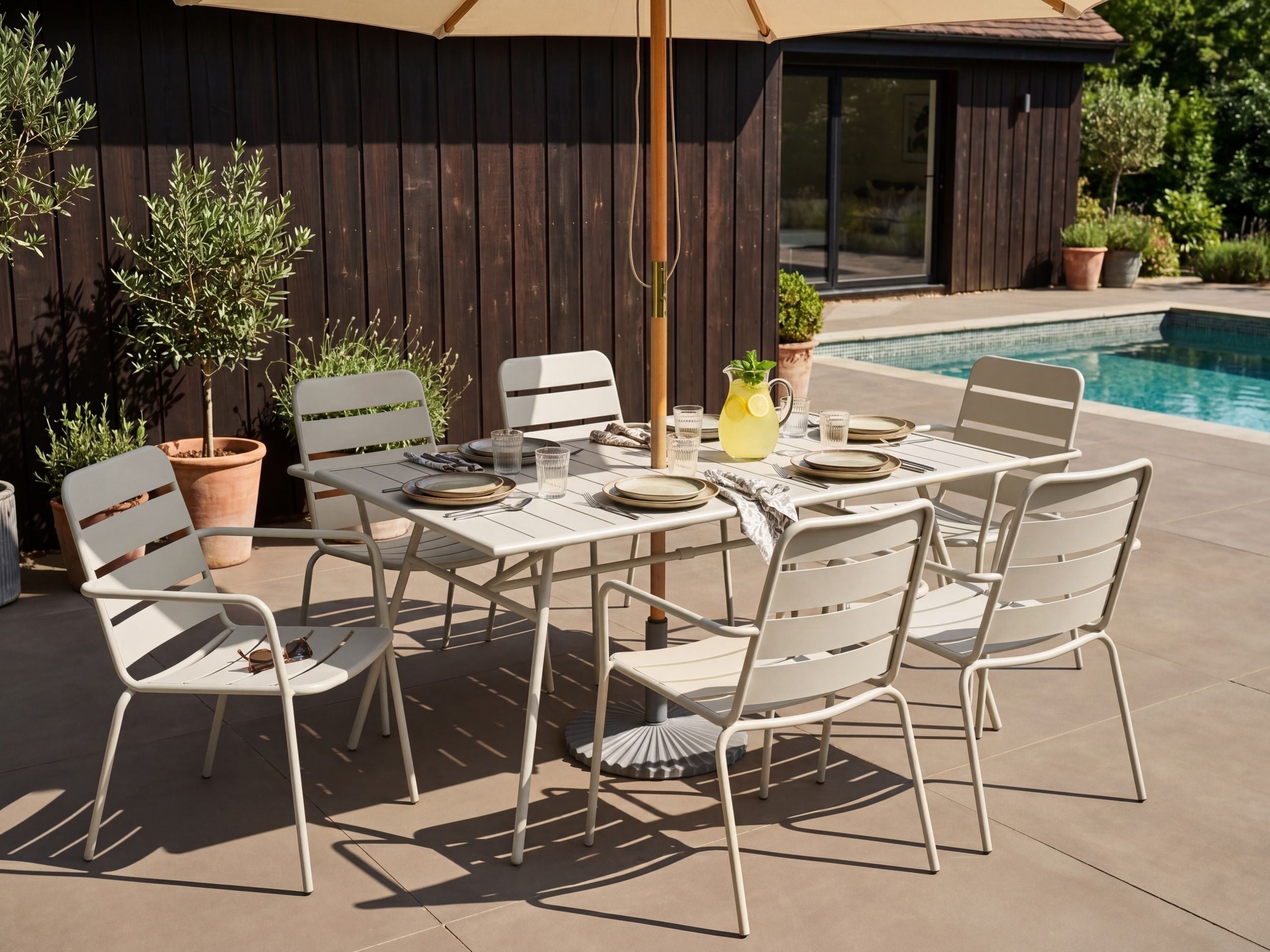 Conjunto de refeição de jardim 6 lugares terenzo metal creme claro