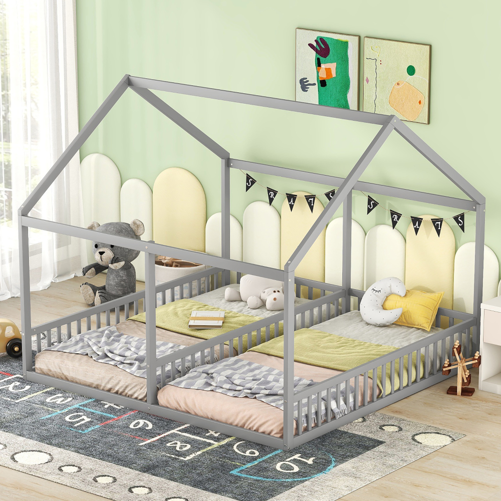 Cama casinha 90 x 200 cm com 2 leitos e grade madeira – cinzento