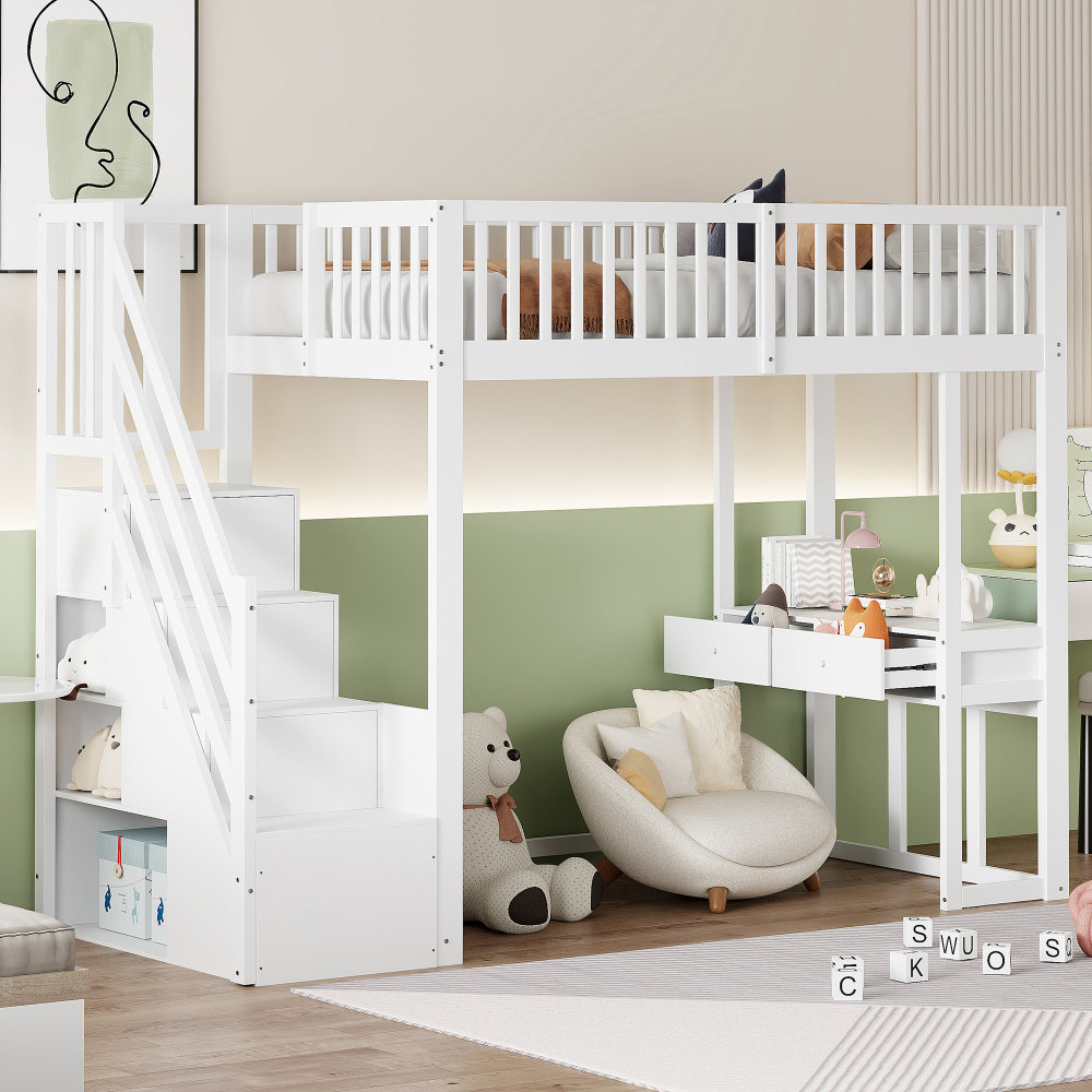 Cama alta 90x200cm com mesa multifuncional e escada com arrumação branco