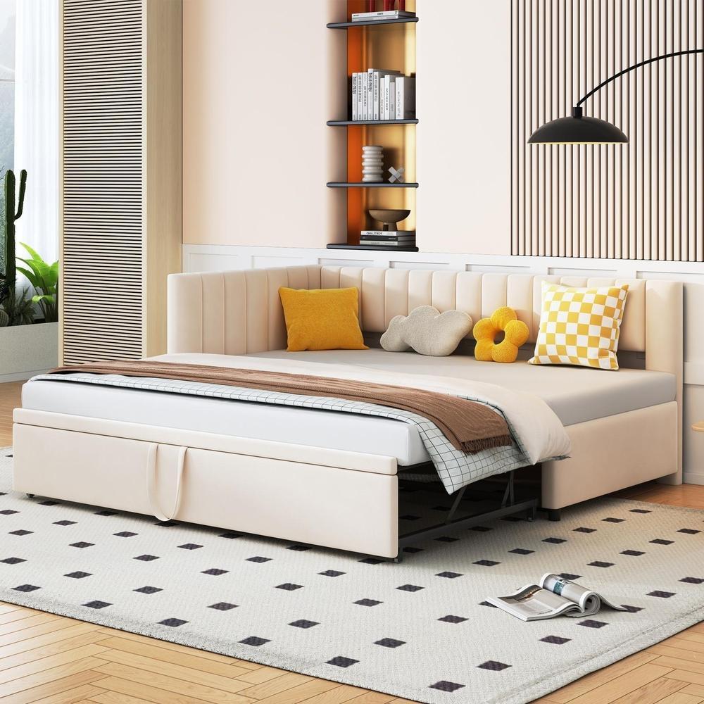 Sofá-cama com cama gavetão extensível 90x200cm a 180cm, bege
