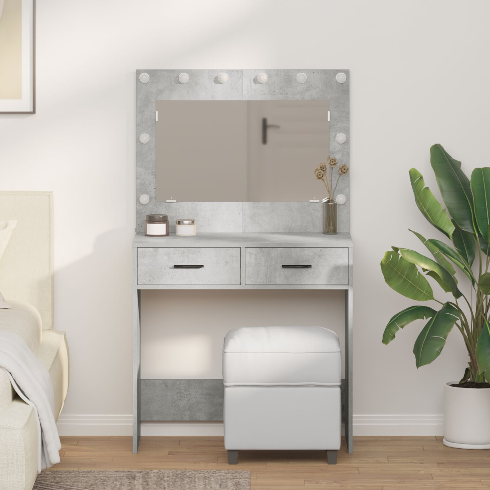 Mesa de maquiagem com luzes LED cinza concreto 78,5x41x135 cm wf148214