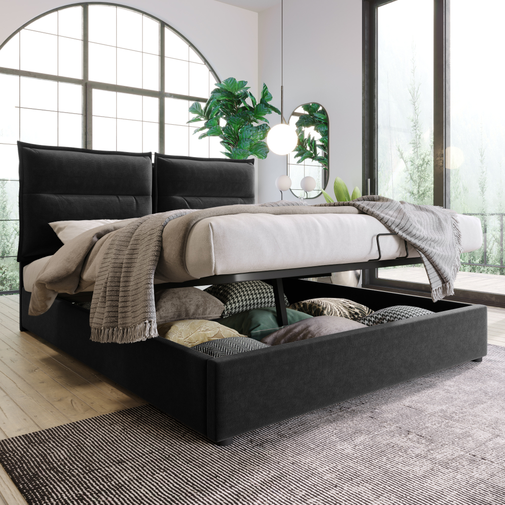 Cama de casal 140x200cm com arrumação cabeceira ajustável veludo – preto