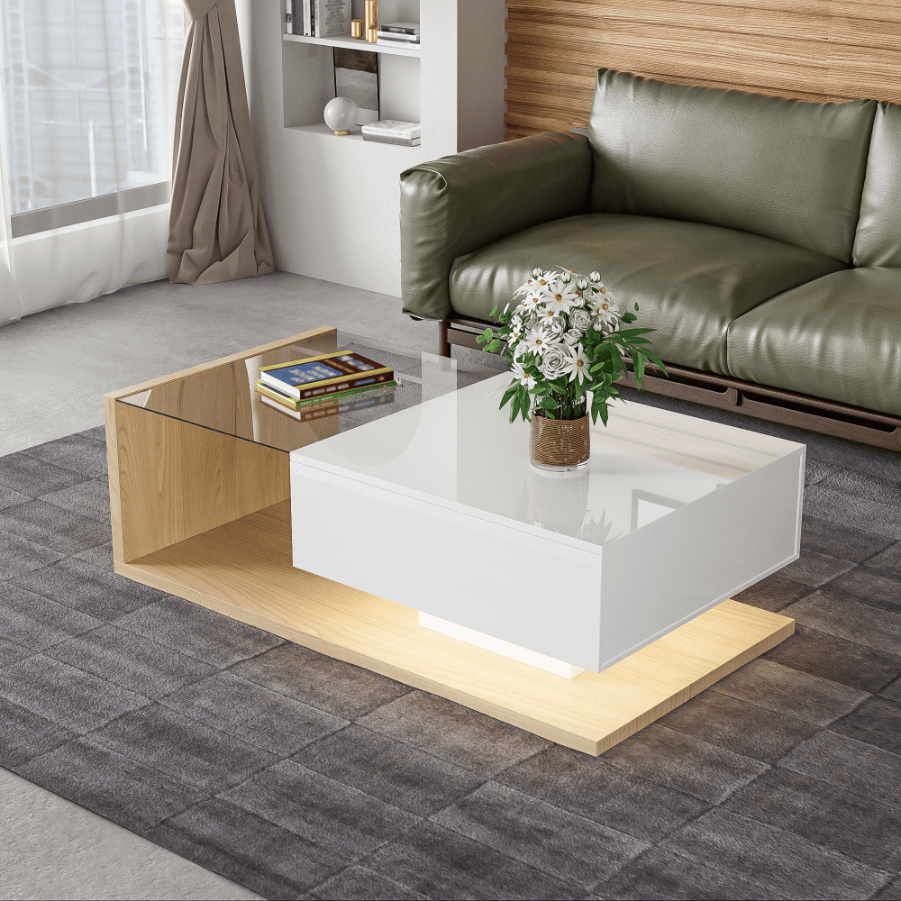 Mesa de centro com LED em painel de partículas natural+branca 32,5x105x55cm
