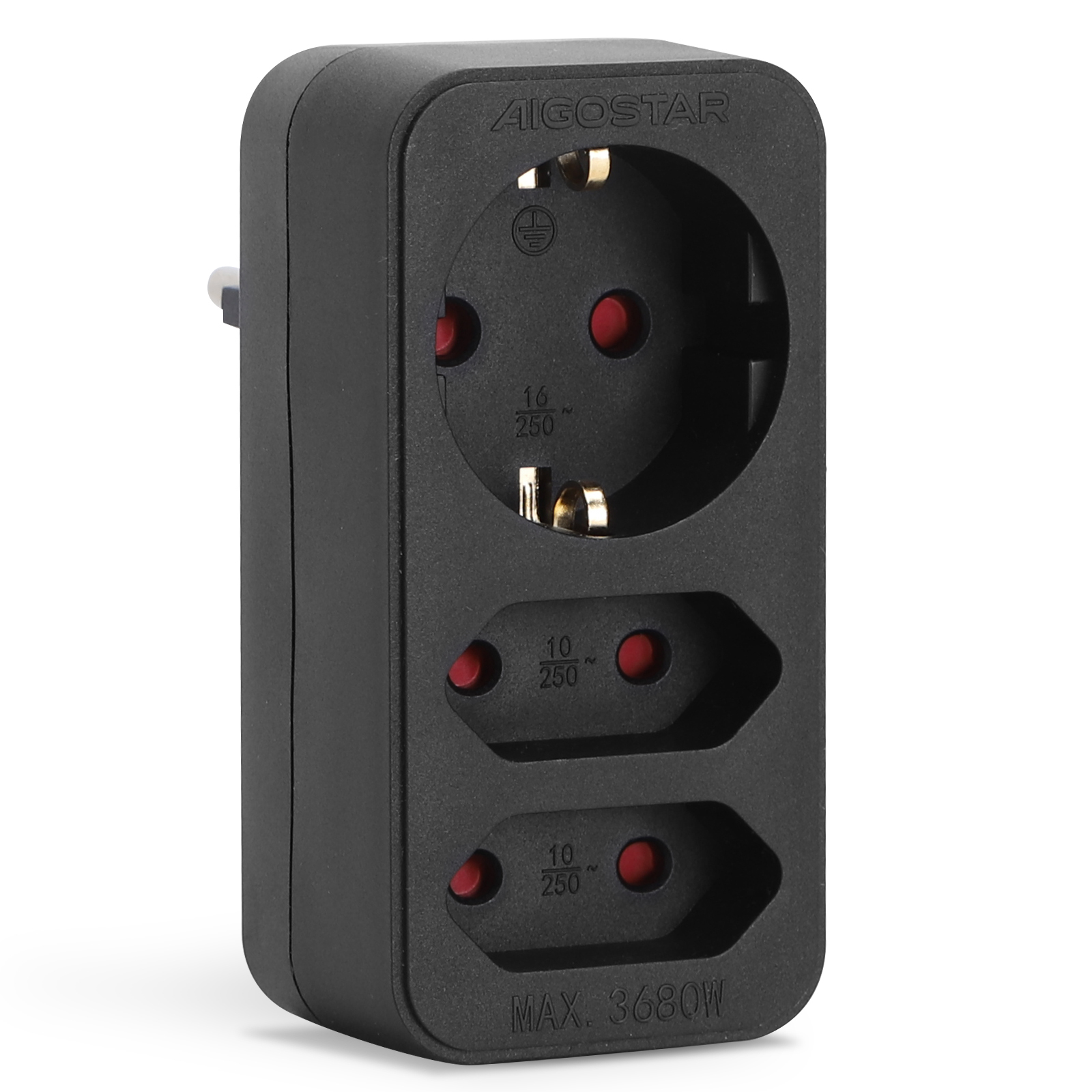 Aigostar adaptador 3 tomadas, 1 schuko + 2 tomadas eu, proteção infantil