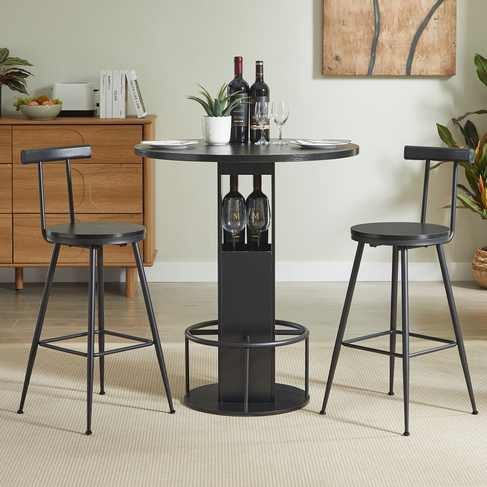 Mesa de jantar redonda com 2 bancos preto 80cm
