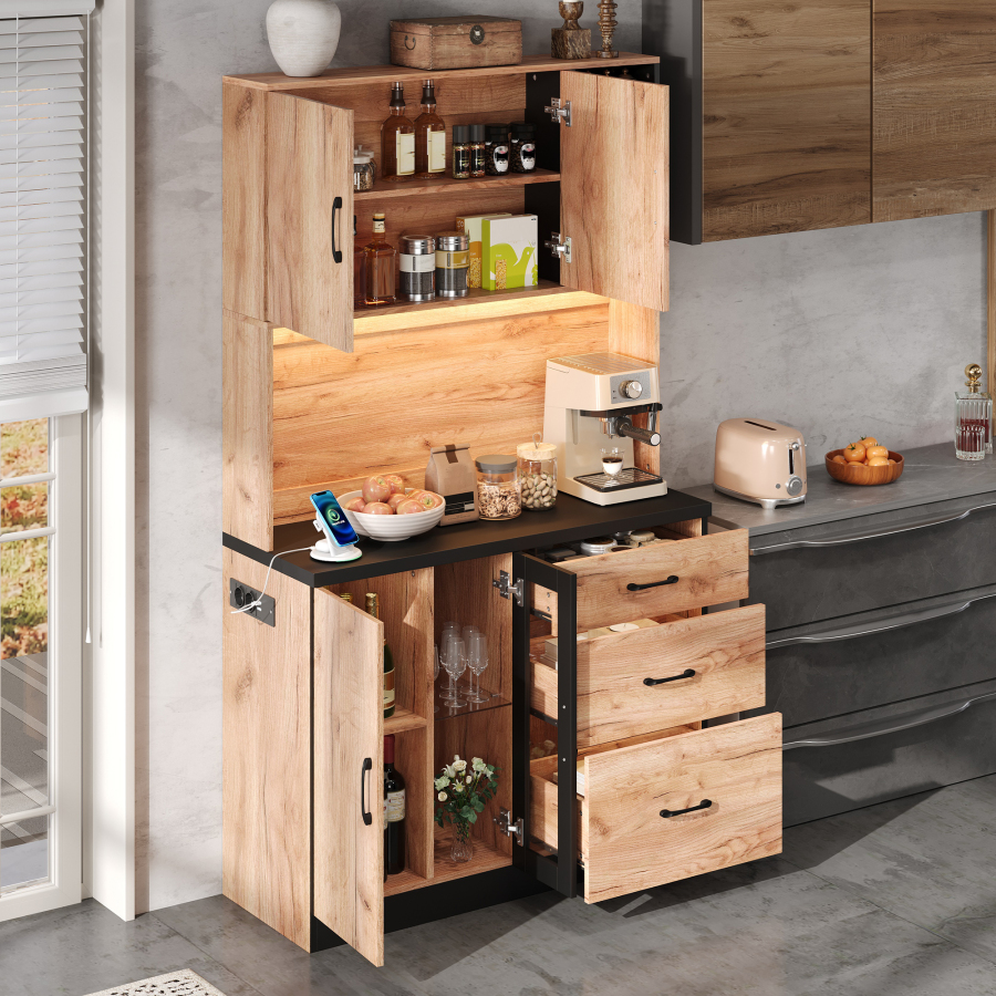 Armário alto de cozinha com LED tomadas preto madeira 180x105x40cm