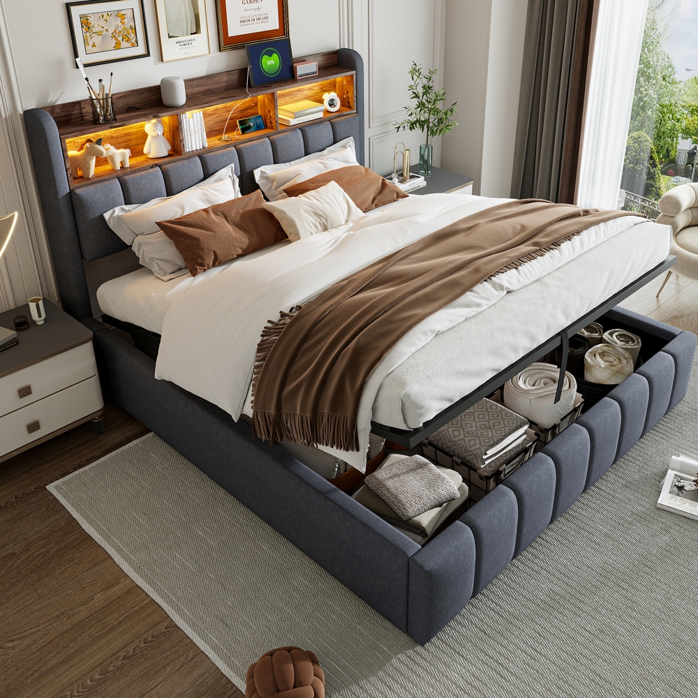 Cama de casal hidráulica, colchão macio, 180 x 200 cm, cinza, linho.