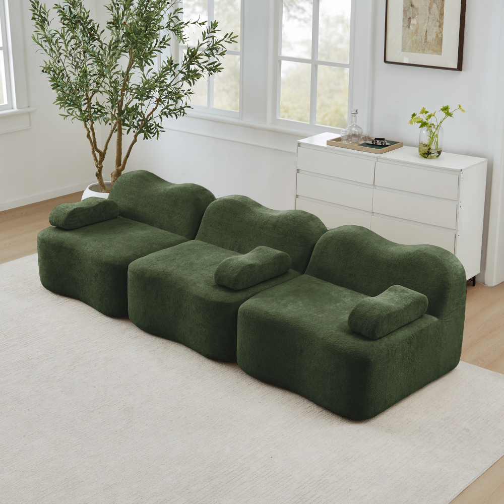 Sofá modular 3 lugares em veludo verde com assento profundo