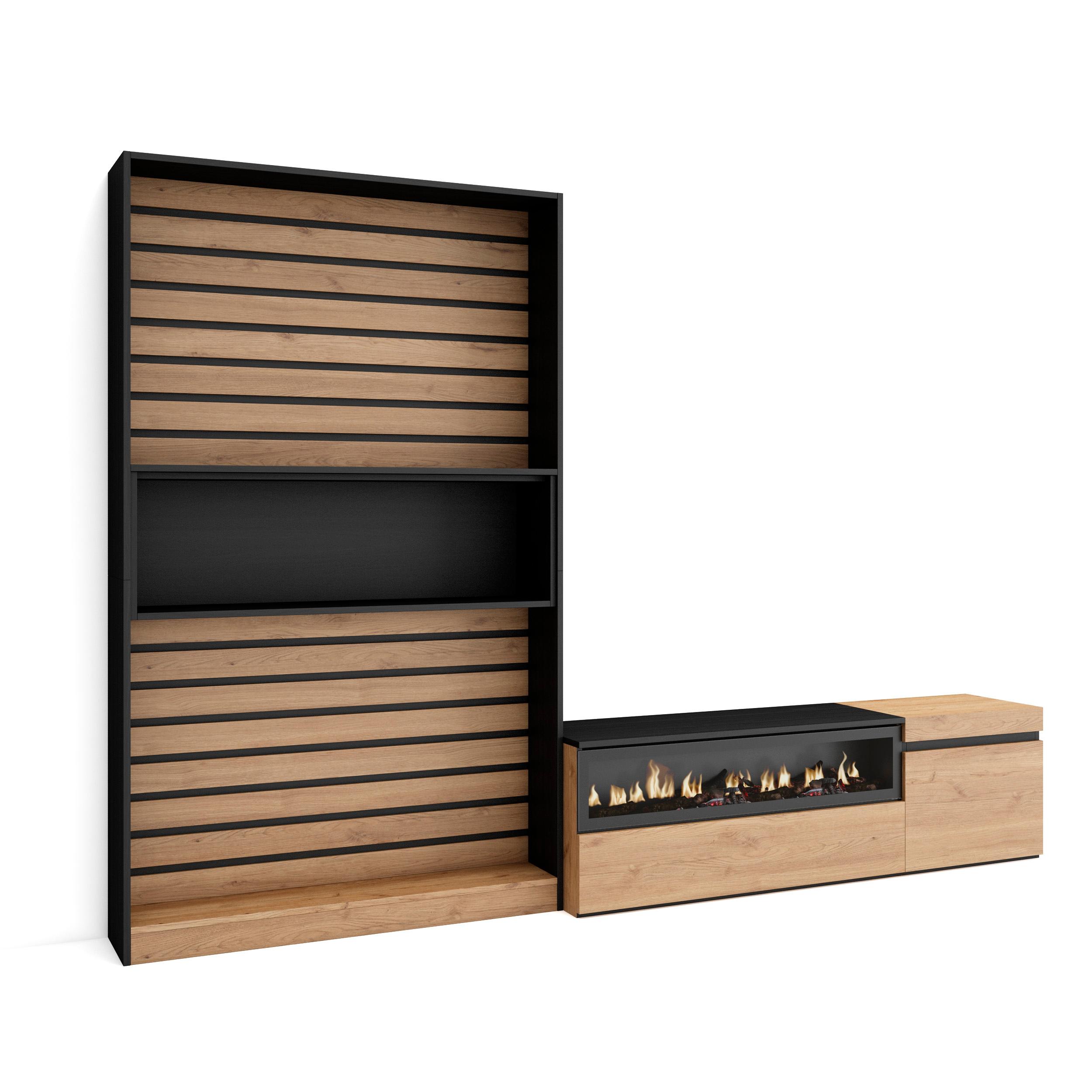 Móveis tv, 260x35x186cm, carvalho e preto, lareira eléctrica rf3155