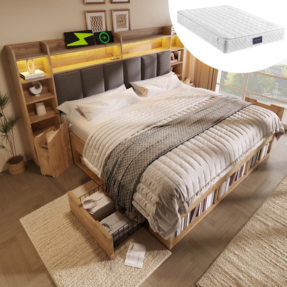 Cama de casal 160x200cm com LED, arrumação e tomadas madeira – carvalho