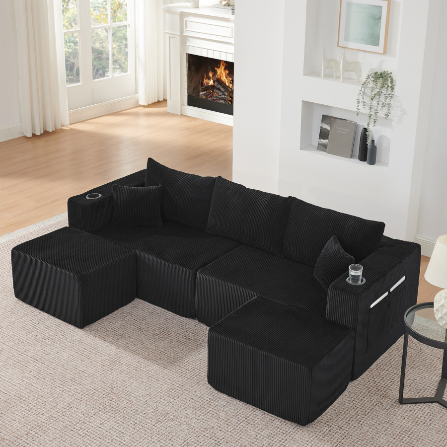 Sofá de canto modular 3 lugares corda preta com otomanas e porta-copos