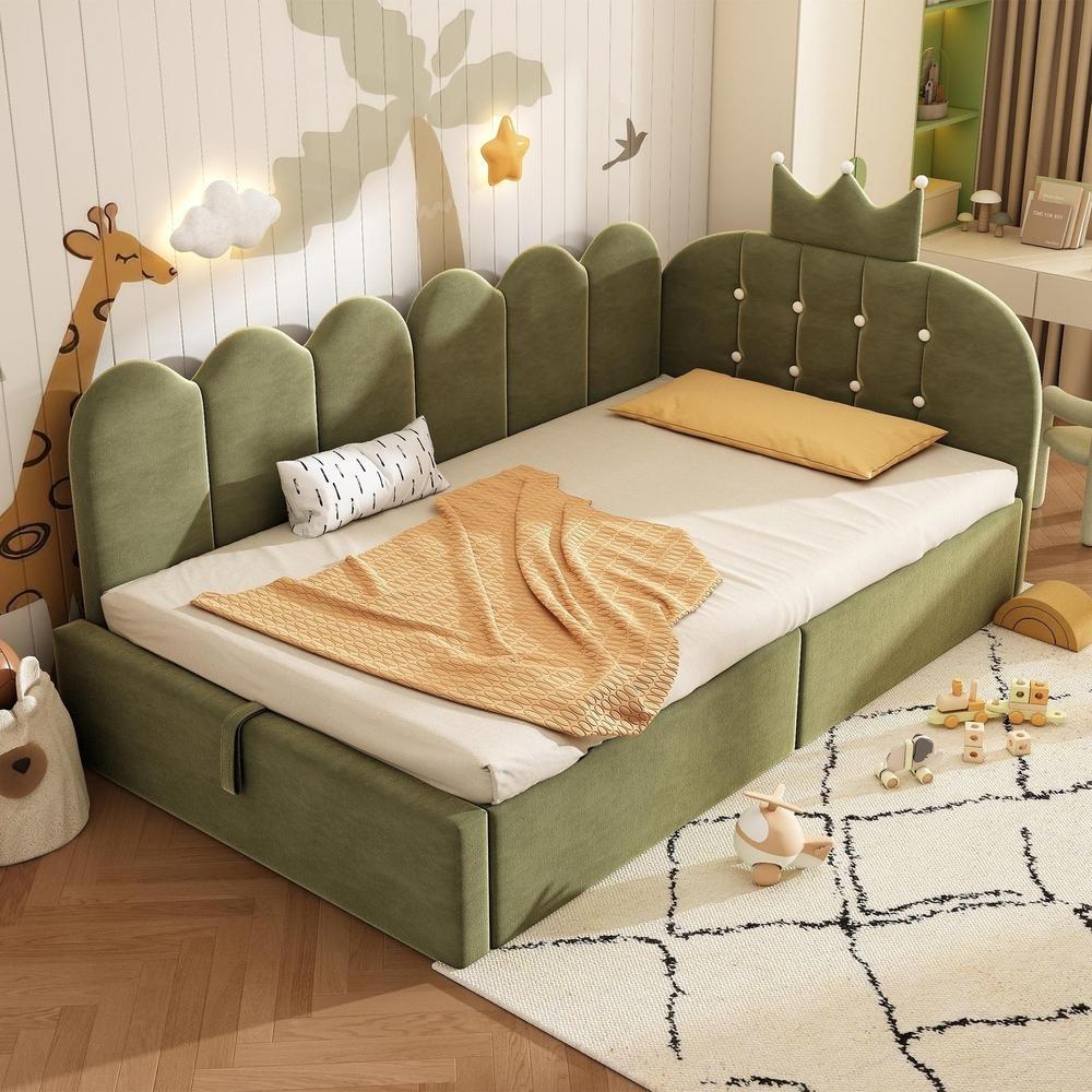 Cama de dia 90x190cm em veludo, l reversível, baú hidráulico verde