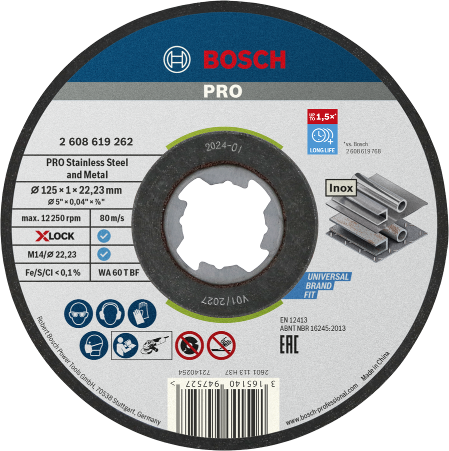 Conjunto de 10 discos de corte X-Lock padrão para inox 125x1 mm Bosch