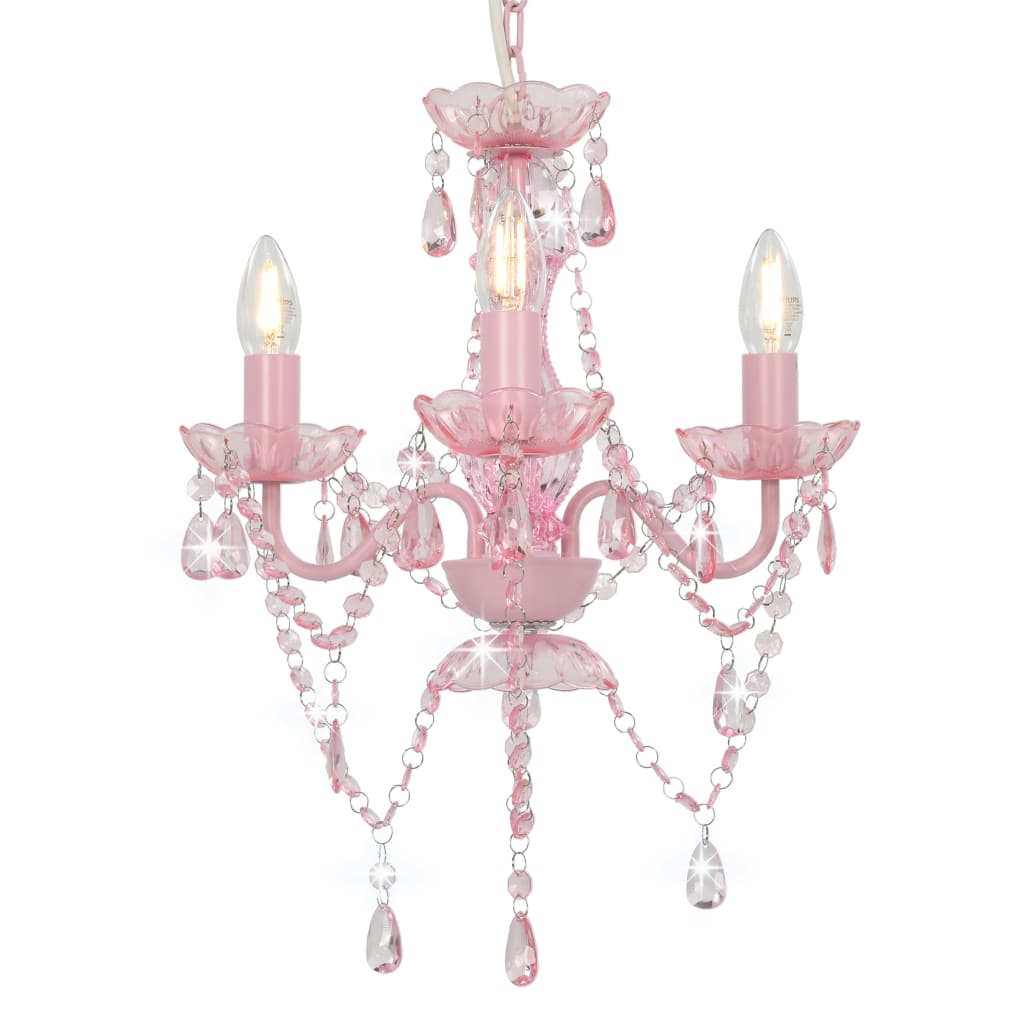 Lustre com contas redondo 3 x e14 cor-de-rosa