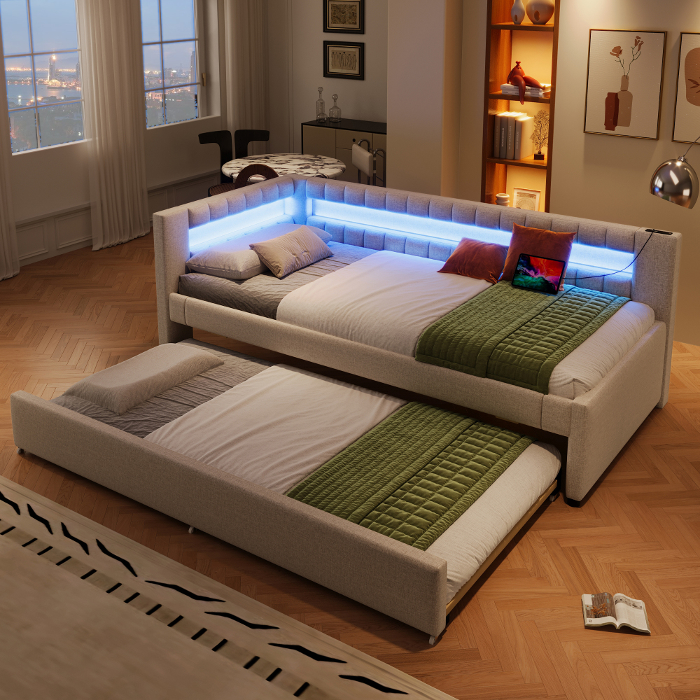 Sofá cama 90x200cm com LED e cama extra linho – bege