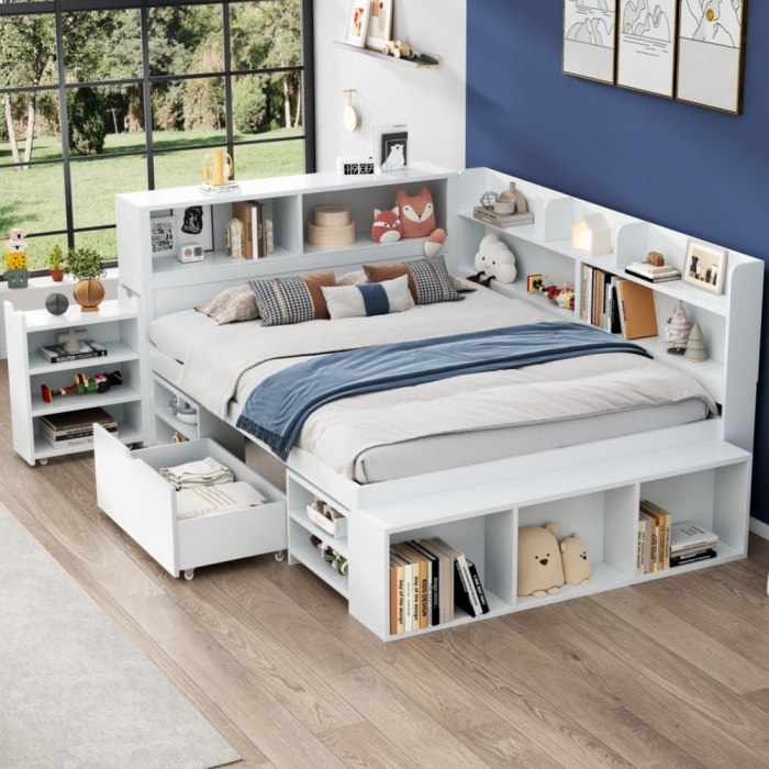 Cama infantil 140x200cm branca com gavetas e prateleira