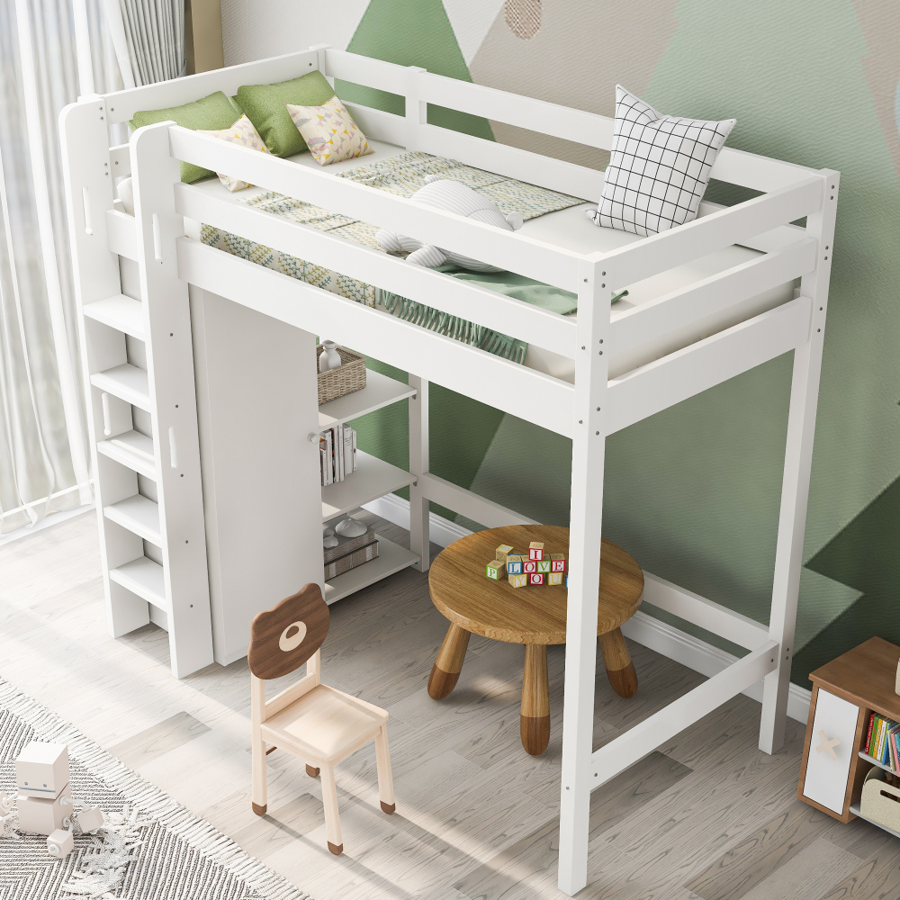 Cama alta 90x200cm com guarda roupa e arrumação madeira – branco